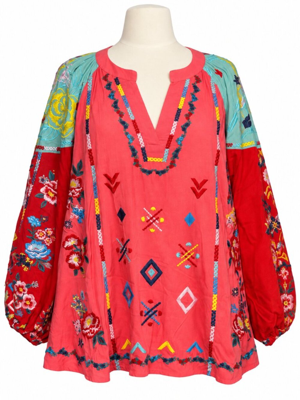 Savannah Jane Coral Red Blue Yellow Multicolour Embroidered Boho Tunic Top 2X